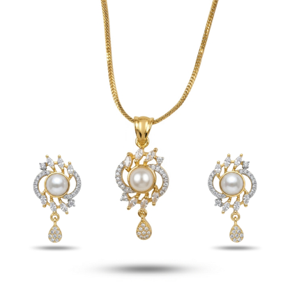 Gold jewelry set with pearls and diamonds on a white background