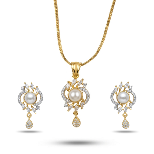 Gold jewelry set with pearls and diamonds on a white background