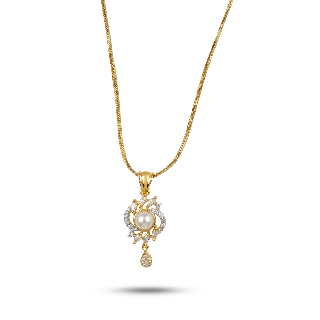 Gold necklace with a pendant featuring a pearl on a white background