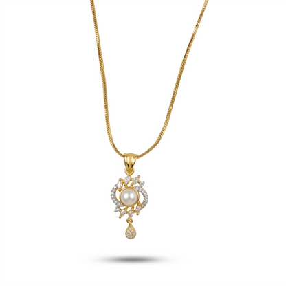 Gold necklace with a pendant featuring a pearl on a white background