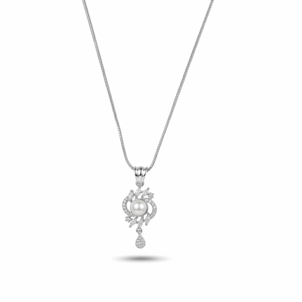 Silver necklace with a pendant featuring a pearl on a white background