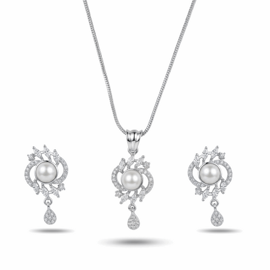 Pearl necklace and earrings set on a white background
