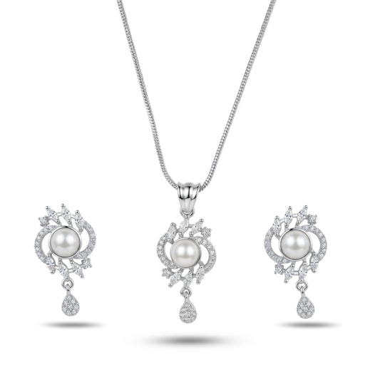 Pearl necklace and earrings set on a white background