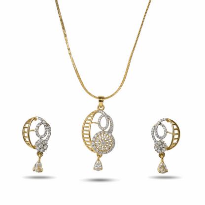 Gold and silver jewelry set with necklace and earrings on a white background