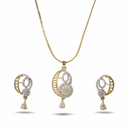 Gold and silver jewelry set with necklace and earrings on a white background