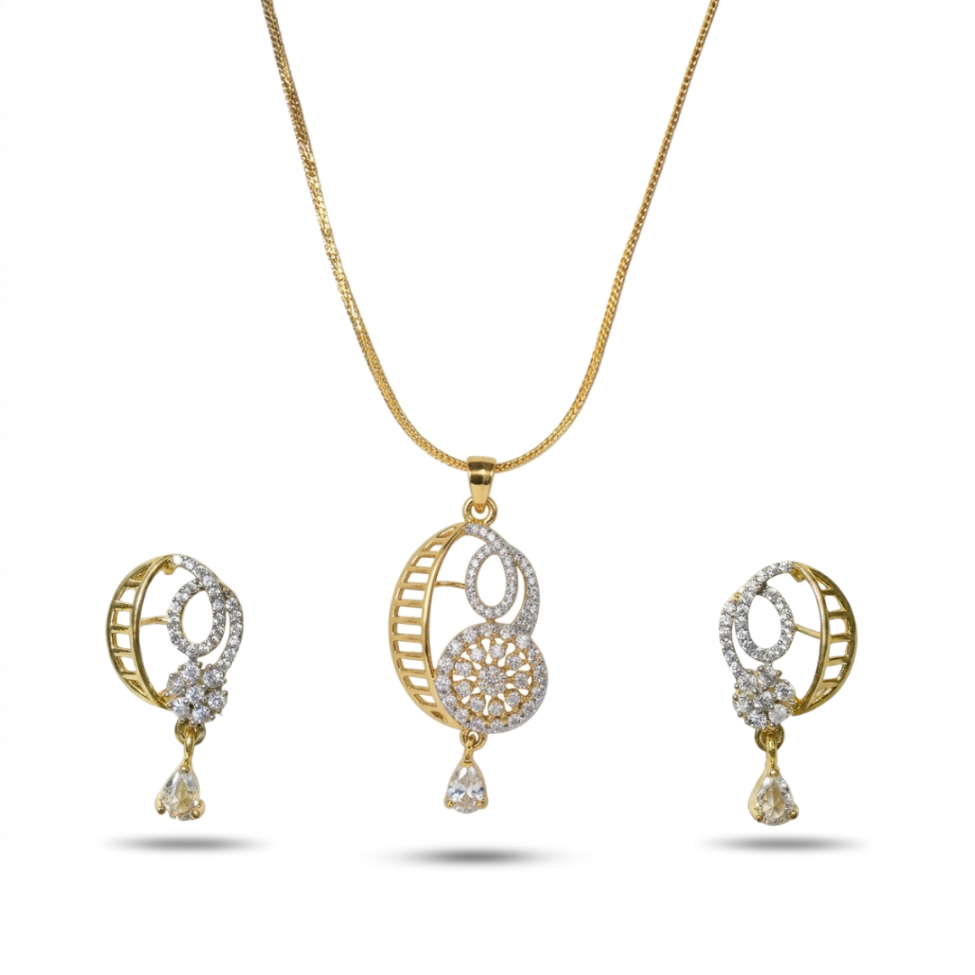 Gold and silver jewelry set with necklace and earrings on a white background