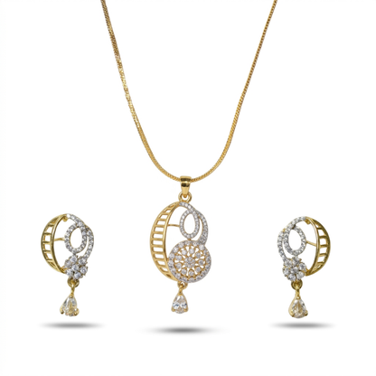 Gold and silver jewelry set with necklace and earrings on a white background