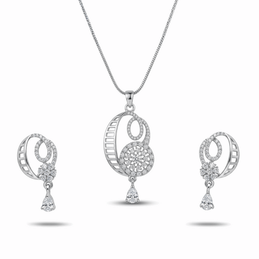 Silver jewelry set with necklace, ring, and earrings on a white background