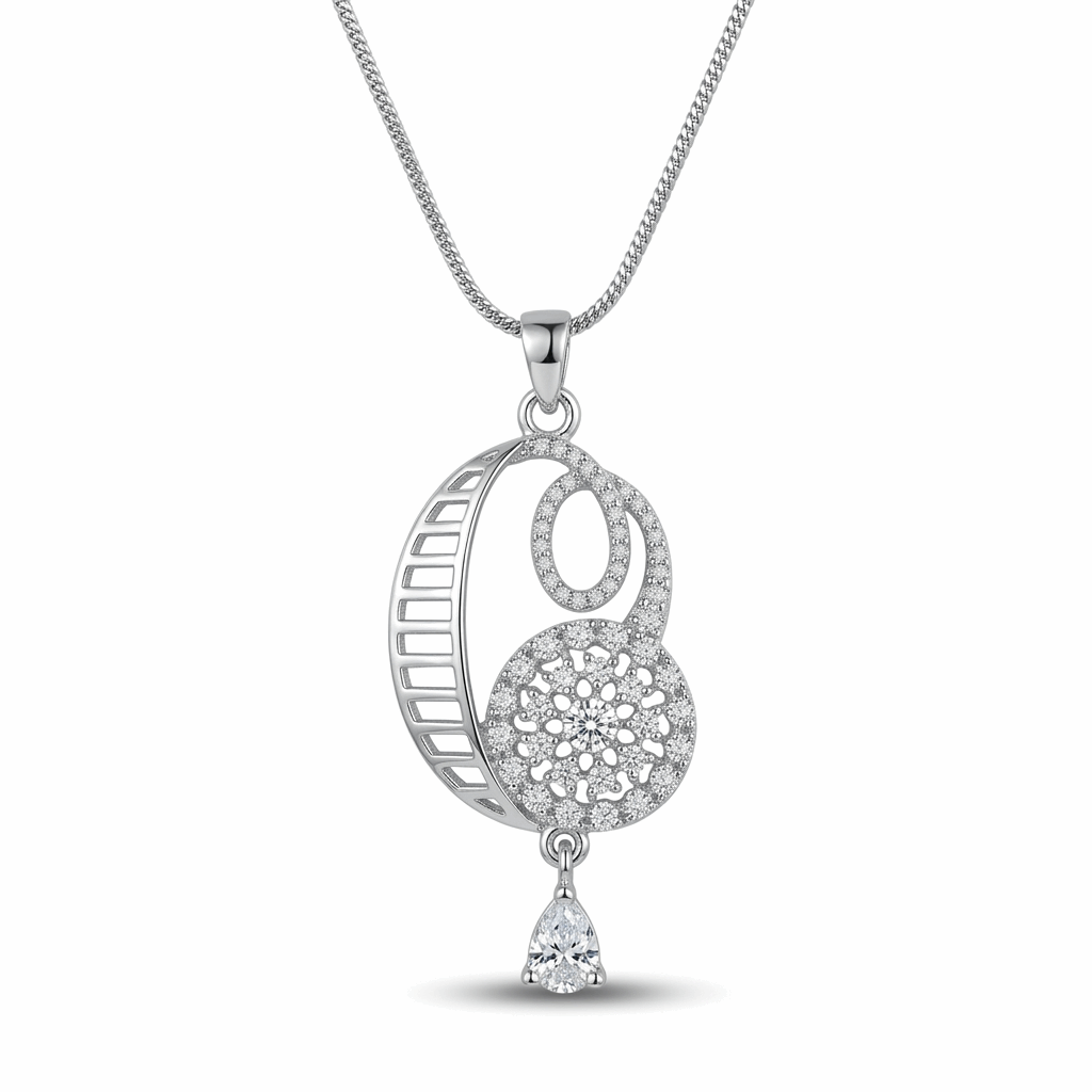 Silver necklace with a intricate pendant on a white background