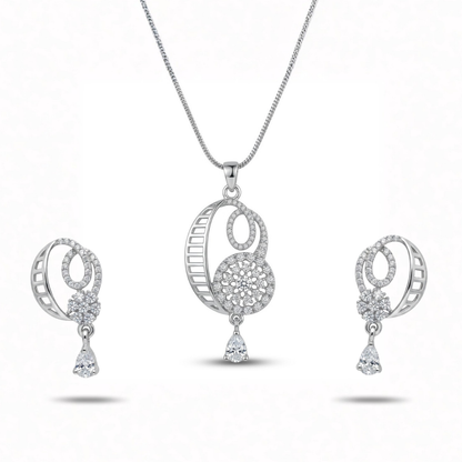 Silver jewelry set with necklace, ring, and earrings on a white background