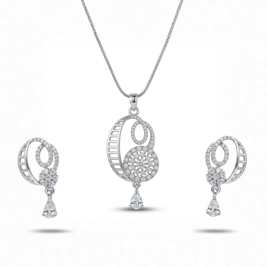 Silver jewelry set with necklace, ring, and earrings on a white background