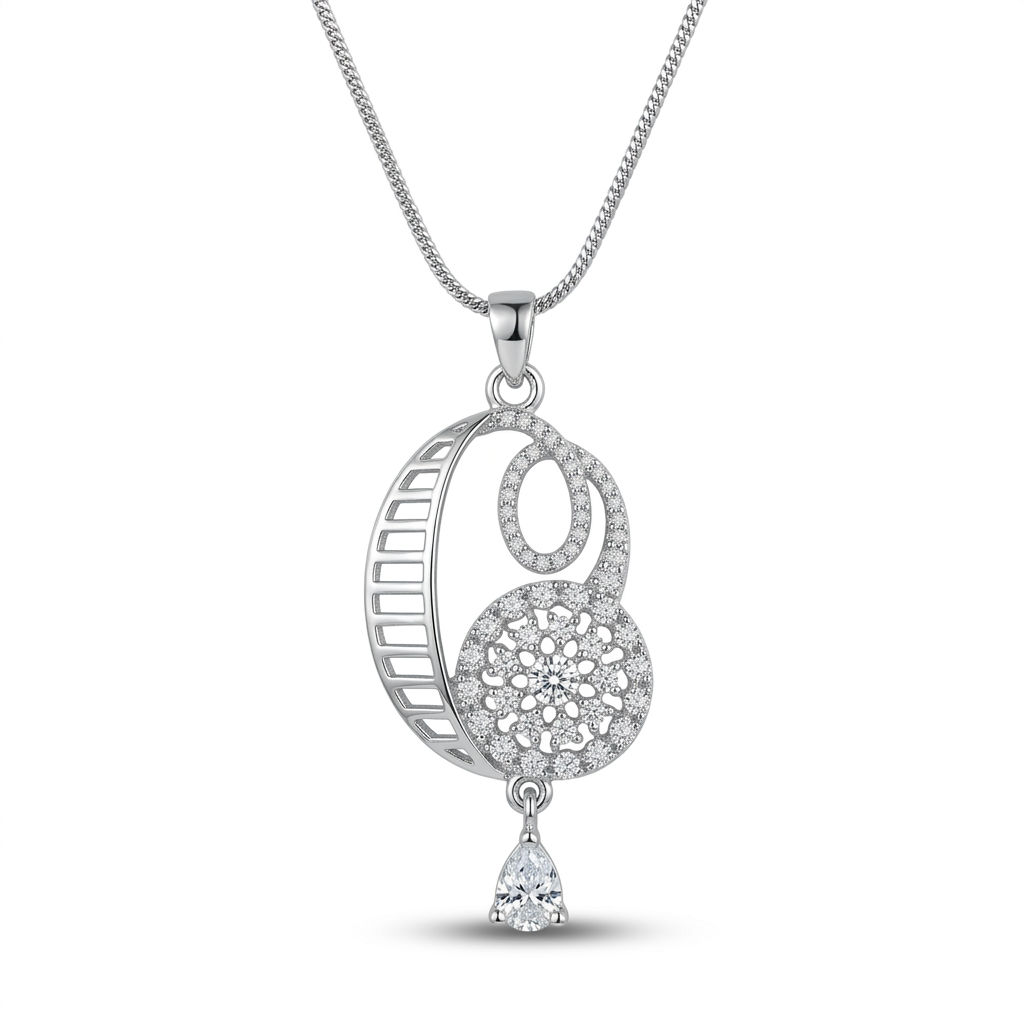 Silver necklace with a intricate pendant on a white background