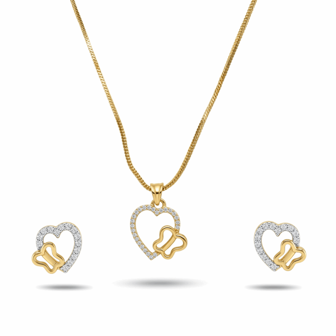 Gold and silver heart-shaped jewelry set on a white background