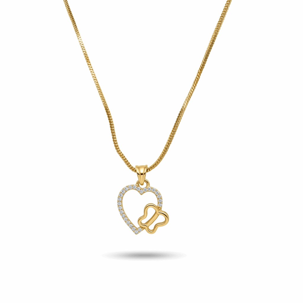 Gold necklace with a heart-shaped pendant featuring a butterfly design on a white background