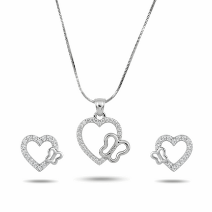 Silver heart-shaped jewelry set with butterfly design on a white background