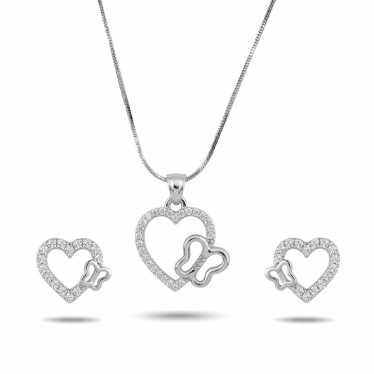 Silver heart-shaped jewelry set with butterfly design on a white background