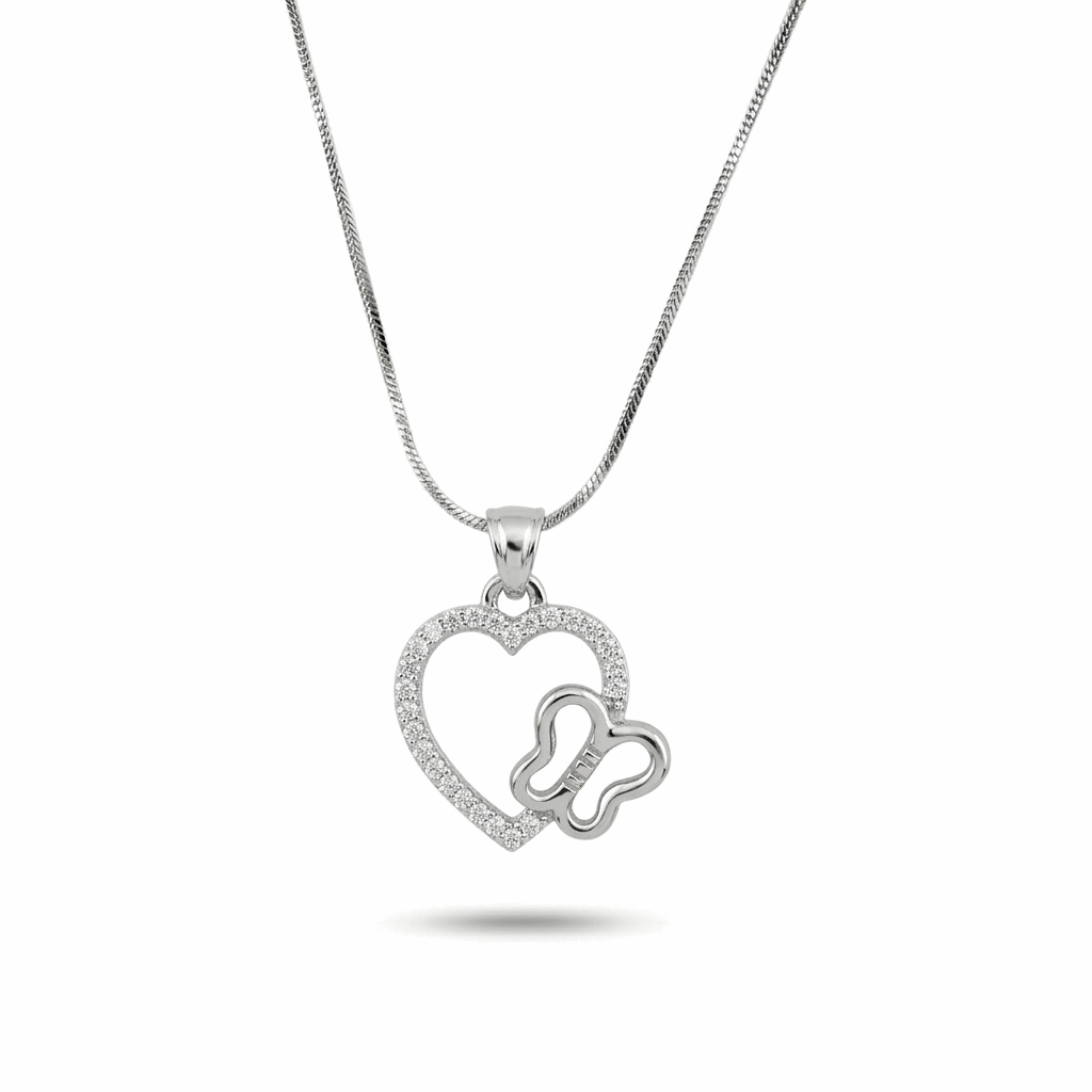 Silver heart-shaped pendant with a butterfly design on a white background