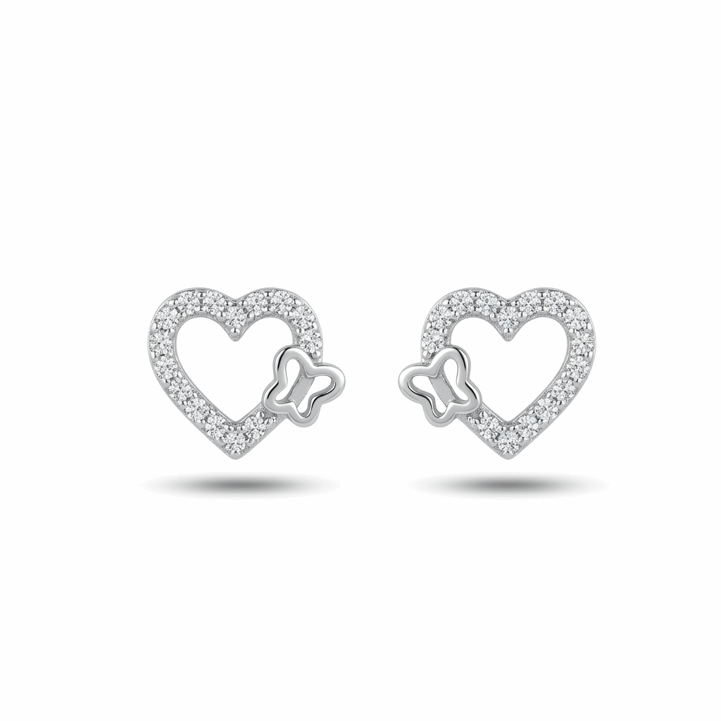 Heart-shaped earrings with butterfly details on a white background
