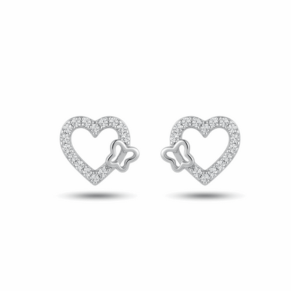 Heart-shaped earrings with butterfly details on a white background