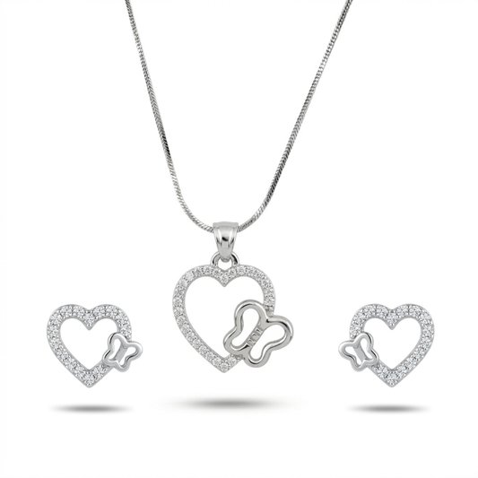 Silver heart-shaped jewelry set with butterfly design on a white background