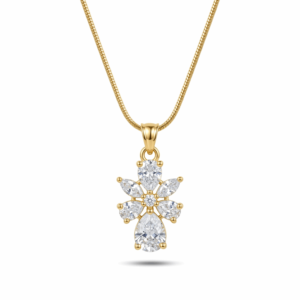 Gold necklace with a diamond pendant on a white background