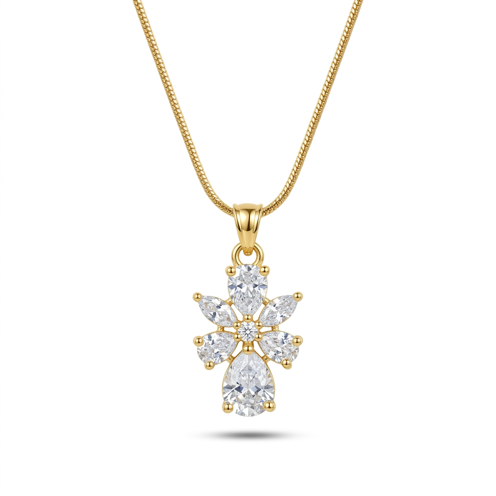 Gold necklace with a diamond pendant on a white background