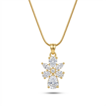 Gold necklace with a diamond pendant on a white background
