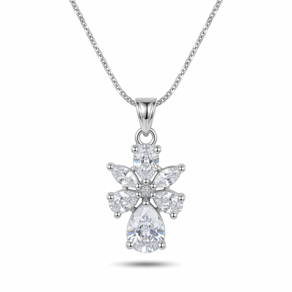 Silver necklace with a butterfly-shaped pendant on a white background