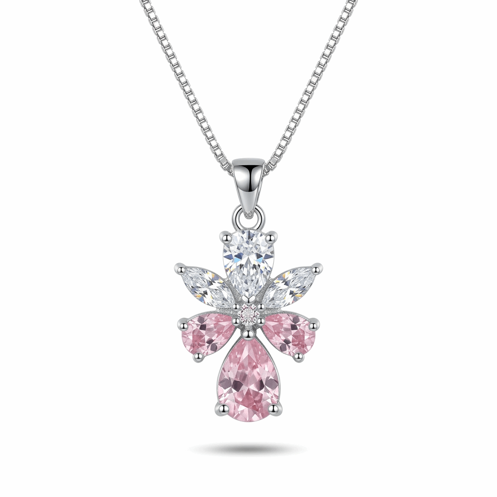 Silver necklace with a pink flower-shaped pendant on a white background