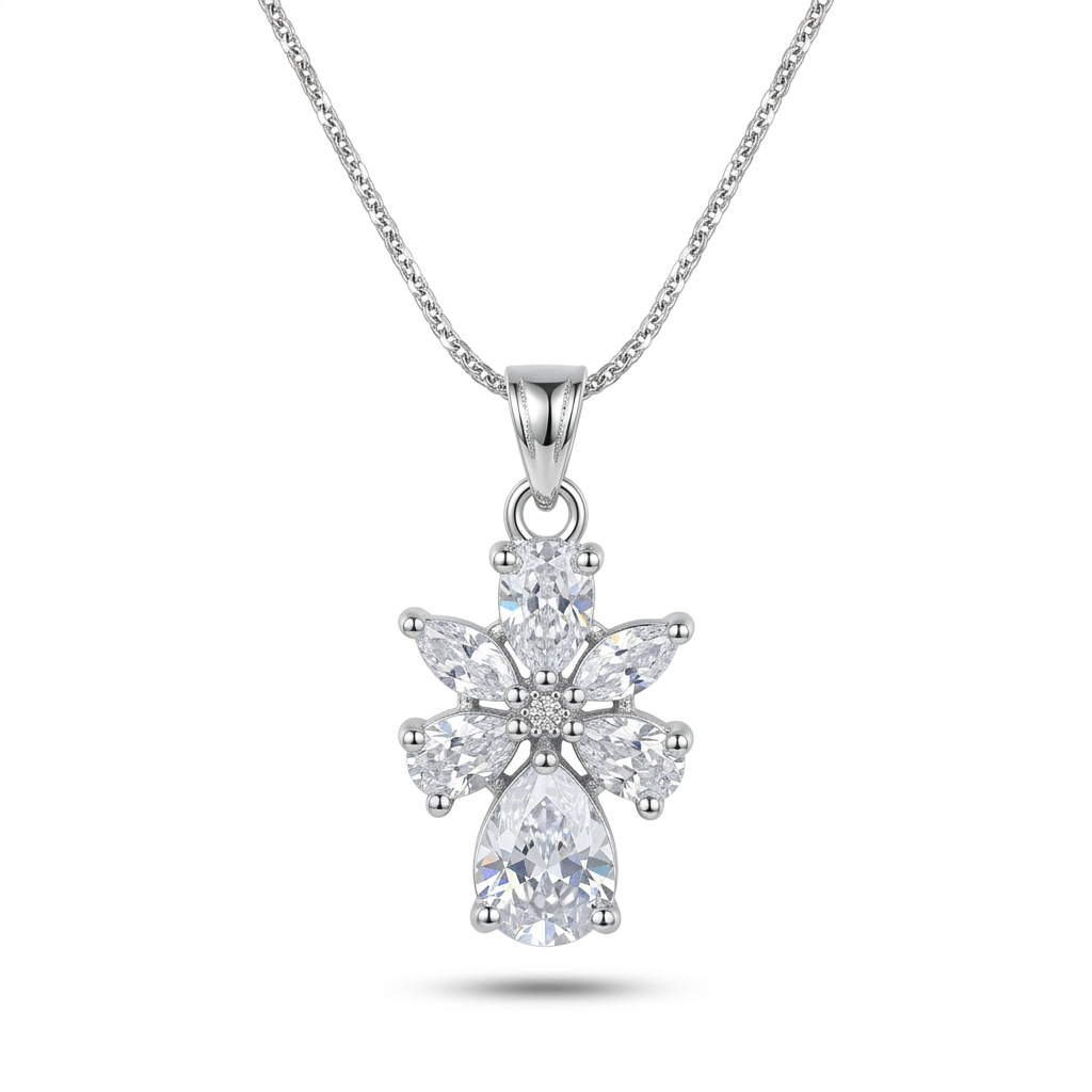 Silver necklace with a butterfly-shaped pendant on a white background