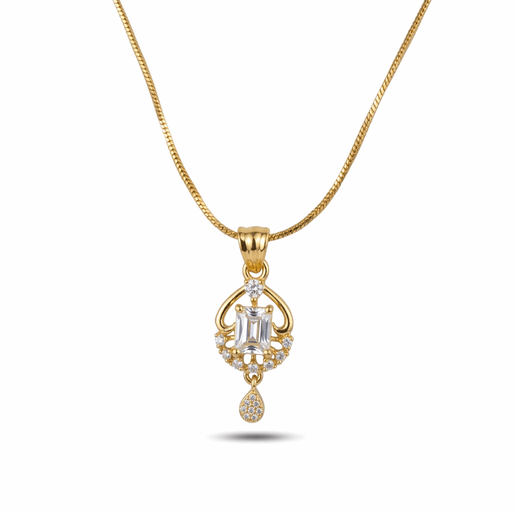 Gold necklace with a diamond pendant on a white background