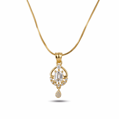 Gold necklace with a diamond pendant on a white background