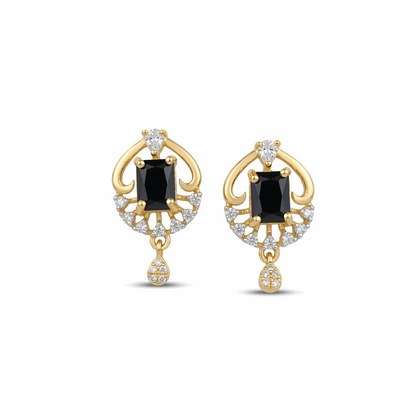 Gold earrings with black gemstones and diamond accents on a white background