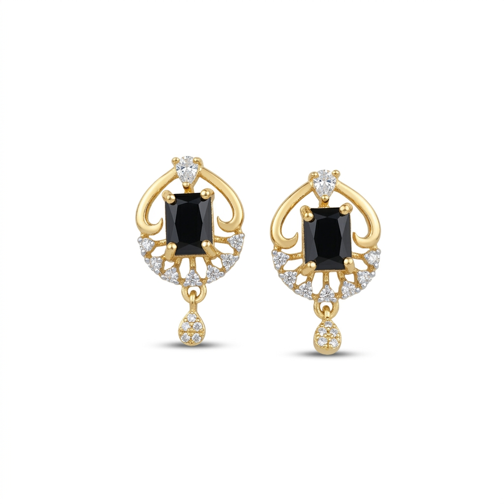 Gold earrings with black gemstones and diamond accents on a white background