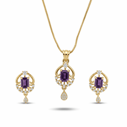 Gold jewelry set with purple gemstones on a white background