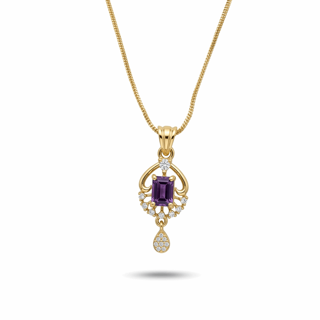 Gold pendant with a purple gemstone on a white background