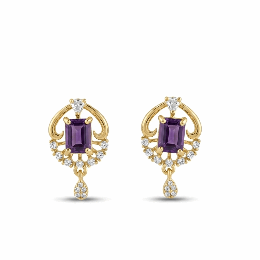 Gold earrings with purple gemstones on a white background