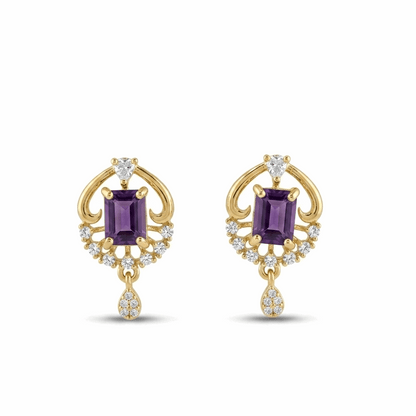 Gold earrings with purple gemstones on a white background