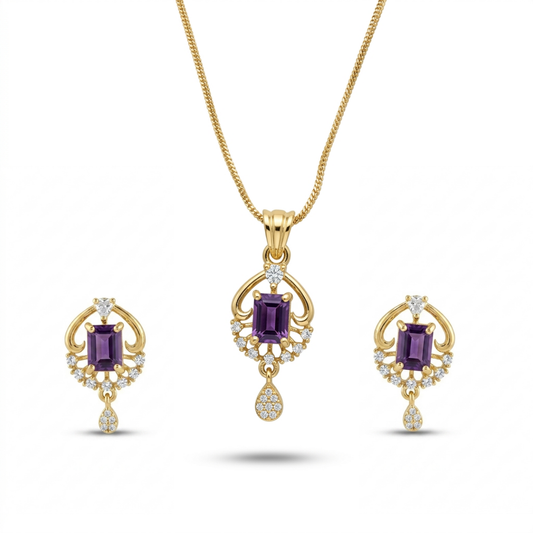 Gold jewelry set with purple gemstones on a white background