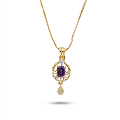 Gold pendant with a purple gemstone on a white background