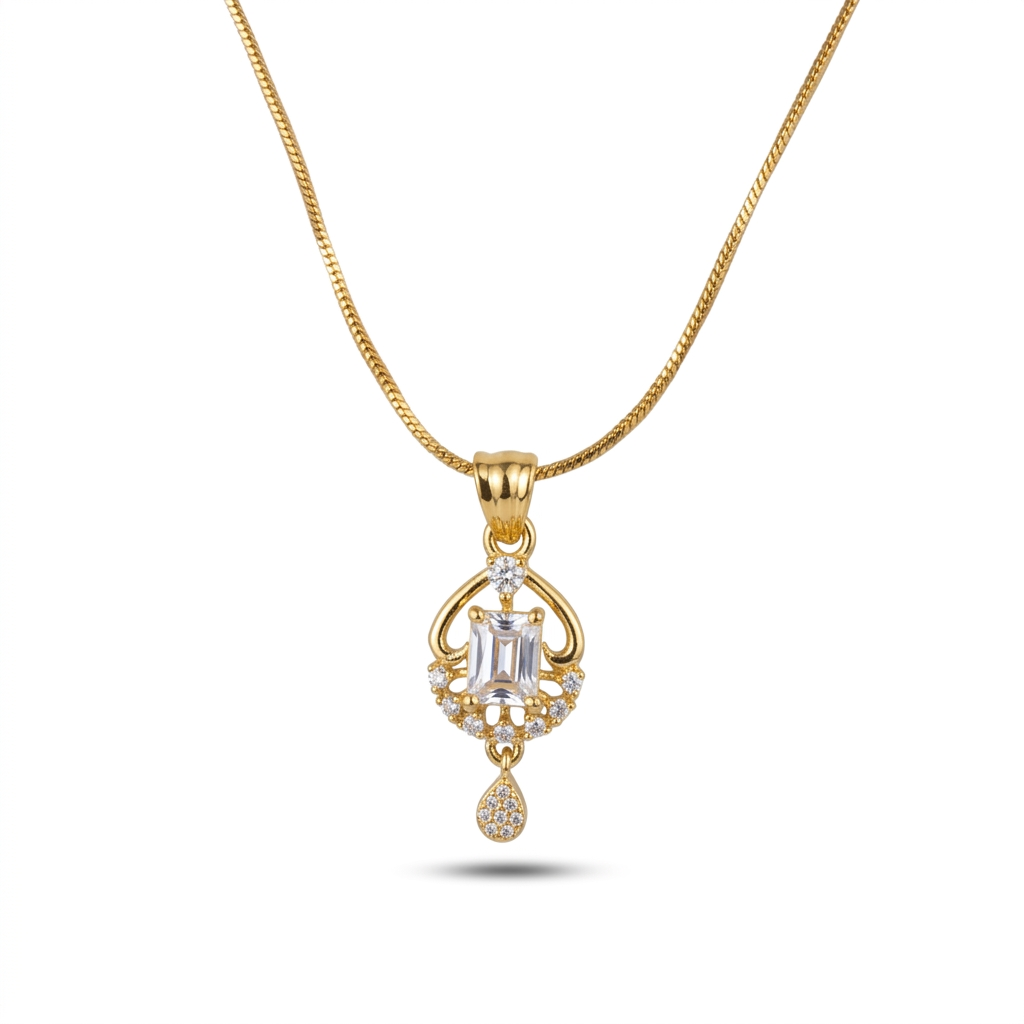 Gold necklace with a diamond pendant on a white background