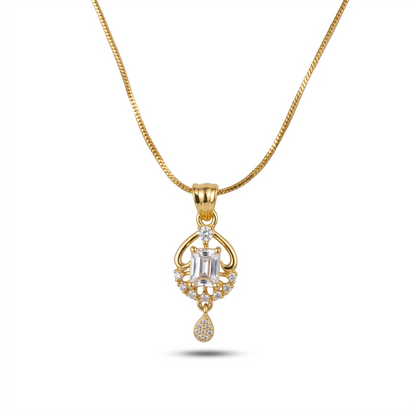 Gold necklace with a diamond pendant on a white background