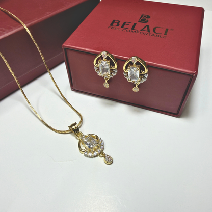Gold necklace and earrings with BELACI box in the background