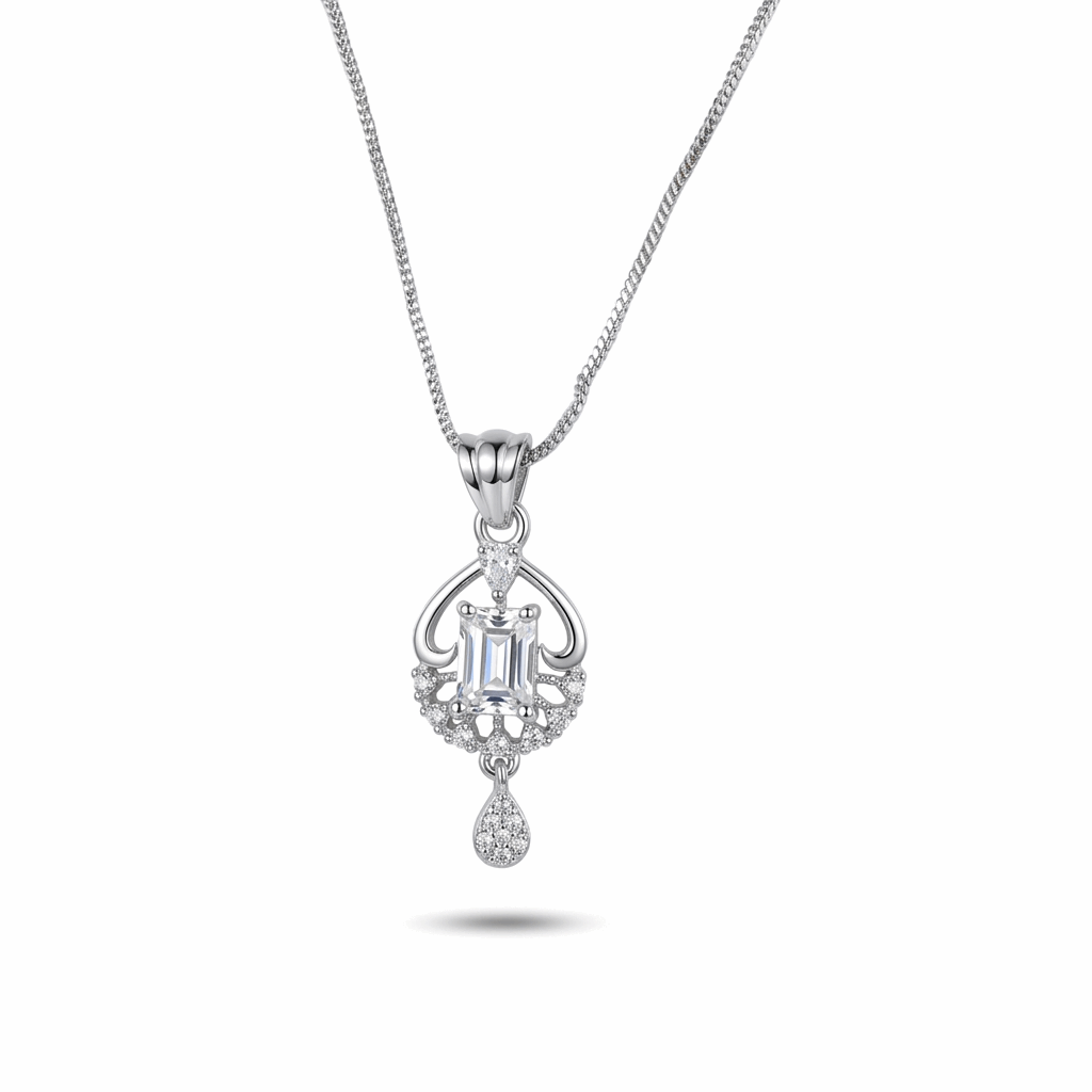 Silver pendant necklace with a diamond on a white background
