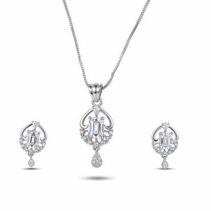 Silver jewelry set with pendant and earrings on a white background