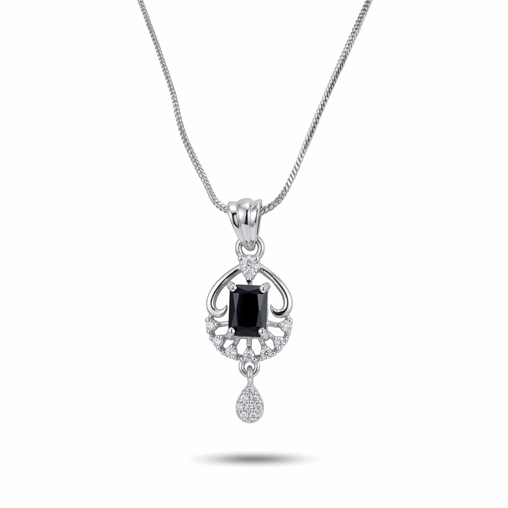 Silver pendant with a black gemstone on a white background