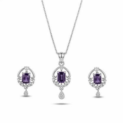 Jewelry set with purple gemstones on a white background