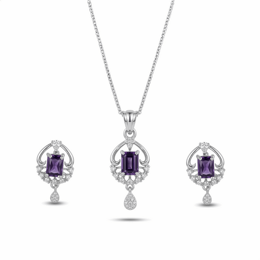 Jewelry set with purple gemstones on a white background