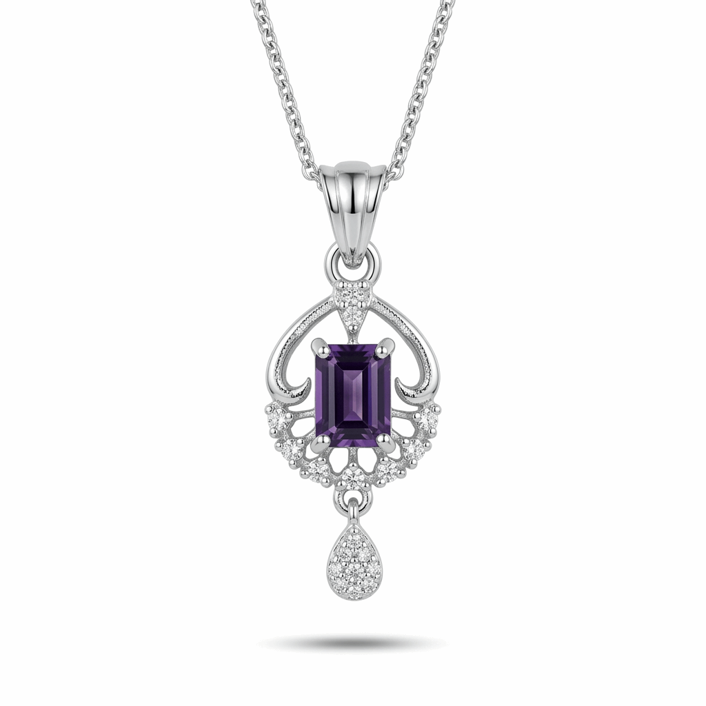 Silver pendant with a purple gemstone on a white background