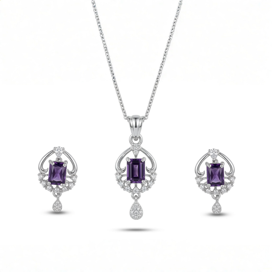 Jewelry set with purple gemstones on a white background